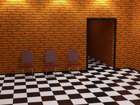 Three red chairs near a brick wall