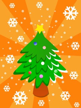 Cartoon Christmas tree on orange background