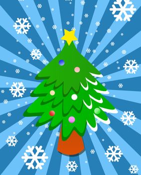 Cartoon Christmas tree on blue background