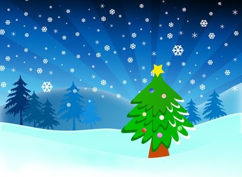 Cartoon Christmas tree on snow blue background