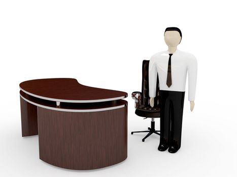 The person near a table on a white background
