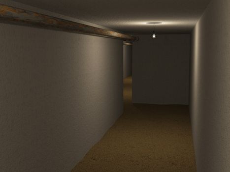 Long gloomy old cellar with rusty pipes