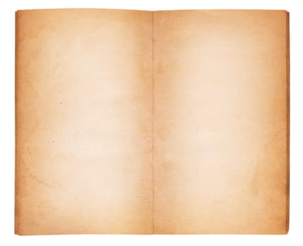 A vintage viewed from above and opened to reveal blank, yellowing and water-stained pages. Isolated on white. Includes clipping path.
