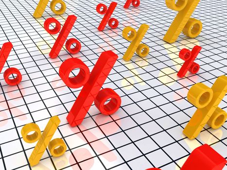 Colored signs of percent on a glass floor