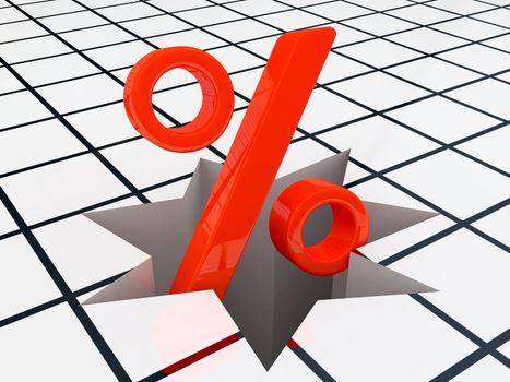 Red sign of percent falls down