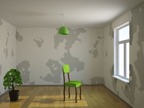 A small room with plant and chair