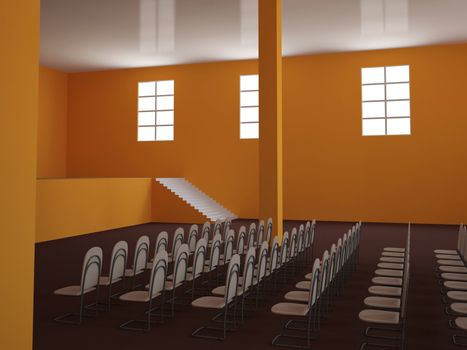 Big hall with a scene and chairs