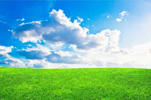 Green grass and blue cloudy sky in summer
