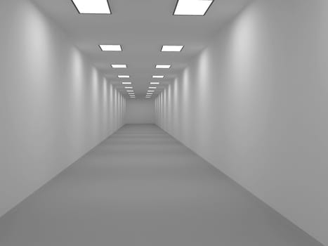 A grey long  corridor with the lamps