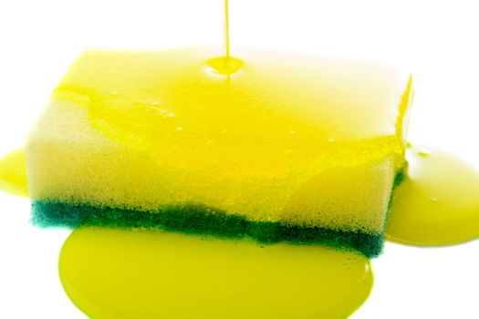 Closeup view of liquid soap being poured on a dish sponge.