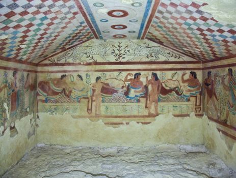 Tarquinia, Italy, around 470 B.C. Via a narrow corridor leading downstair one has access to the rectangular burial room with a sloping ceiling