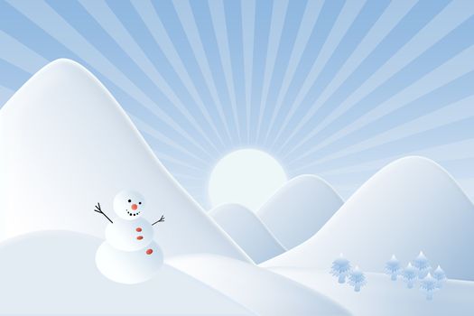 Christmas background,Snow man with mountain  in sunset time