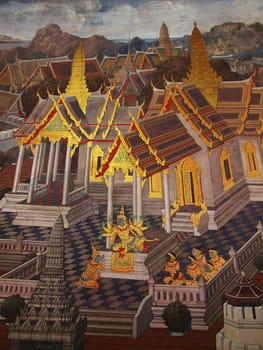 Thai art wall in temple Thailand