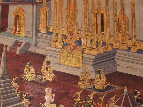 Wall art painting in temple Thailand. painting about Ramayana epic story.