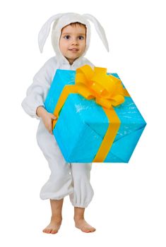 Child dressed as a rabbit with a jumbo gift isolated on white background