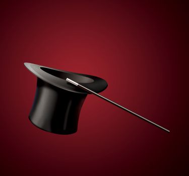 magic black hat and magic wand isolated on red background