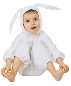 Funny kid in the costume of the rabbit isolated on white background