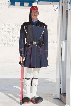 Evzones Guards near the Greek parliament where demonstrations against financial crisis are taking place everyday in Athens, Greece.