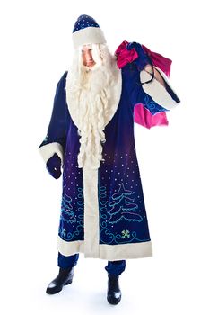 Santa Claus in a blue coat with a bag of gifts in red