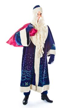 Santa Claus in a blue coat with a bag of gifts in red