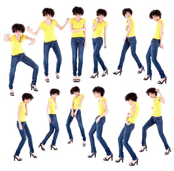 Image of young woman dancing in different positions on white background