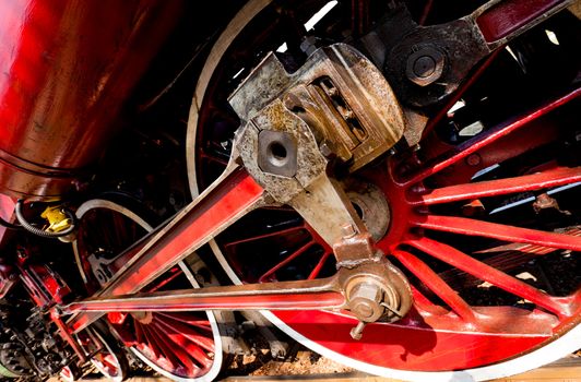 Detailed close-up of steam train wheels, not moving