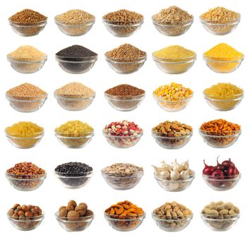 Choice dry food to utensils on a white background