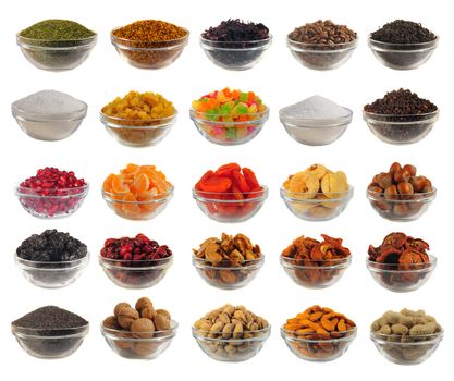 Choice dry food to utensils on a white background