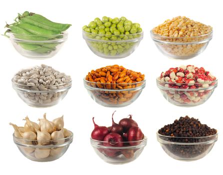 Choice dry food to utensils on a white background