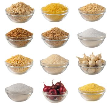 Choice dry food to utensils on a white background