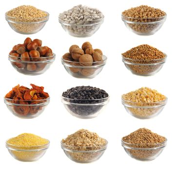 Choice dry food to utensils on a white background