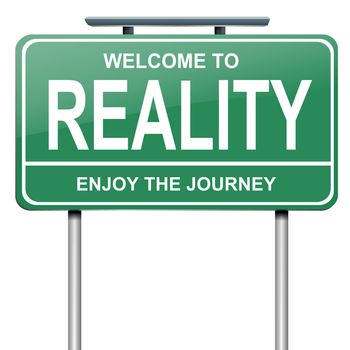 Illustration depicting a green roadsign with a reality concept. White background.