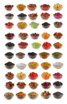 Choice dry food to utensils on a white background