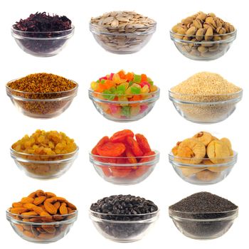 Choice dry food to utensils on a white background