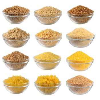 Choice dry food to utensils on a white background