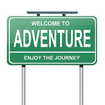 Illustration depicting a green roadsign with an adventure concept. White background.