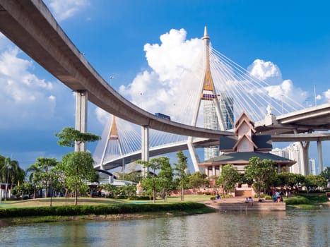 Bhumibol Bridge in Thailand,The bridge crosses the Chao Phraya River twice.