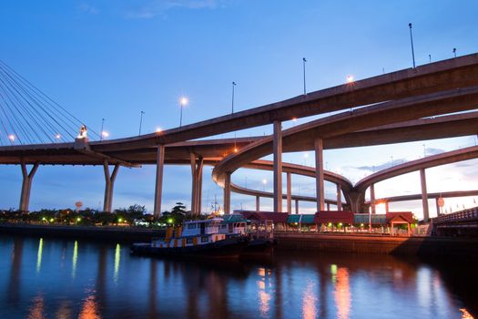 Boat on river with Bhumibol Bridge background  in twilight time.