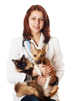 Woman vet with pets on a white background isolated
