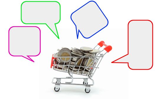 Full Cash in shopping cart with Blank Label Tag for Money Spending Concept