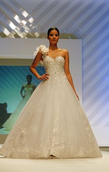 ZAGREB, CROATIA - FEBRUARY 19: Fashion model walks the runway in wedding dress on 'Wedding days' show, February 19, 2012 in Zagreb, Croatia.
