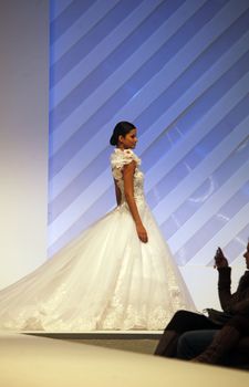 ZAGREB, CROATIA - FEBRUARY 19: Fashion model walks the runway in wedding dress on 'Wedding days' show, February 19, 2012 in Zagreb, Croatia.