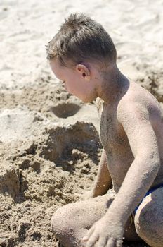 Young boy playing in beach sand