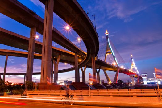 Bhumibol Bridge, The Industrial Ring Road Bridge in Bangkok. Long Exposure at night (public transportation bridge no trademark)
