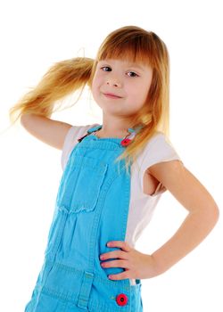 Small girl with long blonde hair on white background