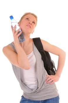 Beauty casual girl try to cool down by plastic bottle with water. isolated on white background