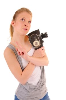 Beauty girl with vintage video camera have got creative idea. On white background.