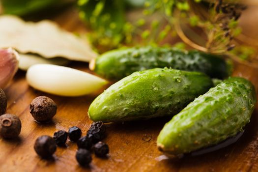 Preparation of small cucumber preserving on wooden table