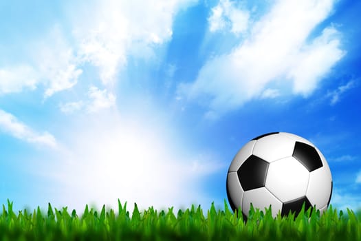 3D football in green grass on blue sky