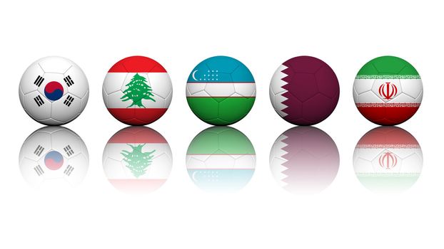 3D Rendering Soccer balls with flag pattern, Asian Soccer Qualifiers Group A